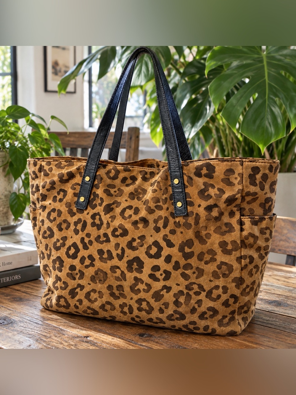 JCREW suede leather leopard print large tote brown black shopper bag